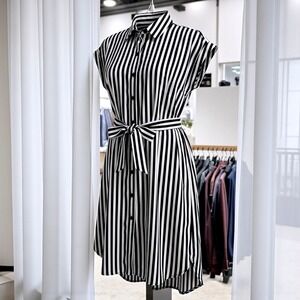 CATO Est. 1948 Black & White Striped Belted Button Down Shirt Dress 14/16W